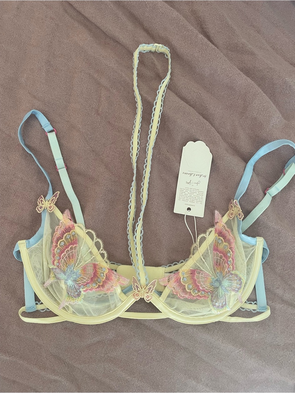 For Love And Lemons Butterfly Embroidered Sheer Bra - Pastel Yellow & Blue